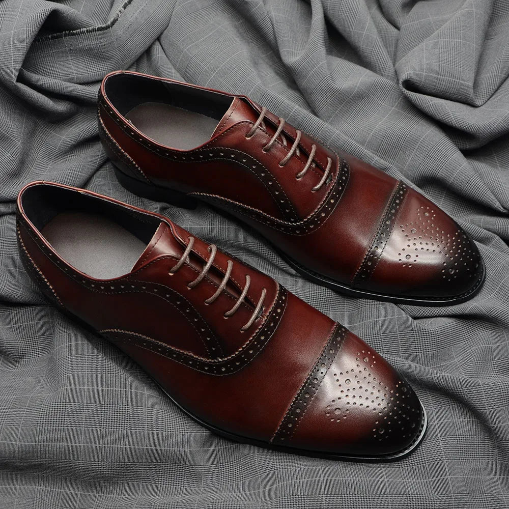 Luxury Italian Men's Wedding Dress Shoes Genuine Leather Cap Toe Lace-up Oxfords Lace-up Brogue Black Business Formal Shoes Man