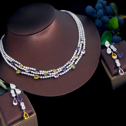 Shiny Colorful Cubic Zirconia 3 Rows Multi Layer Bridal Wedding Choker Necklace Earrings Jewelry Set for Women TZ784