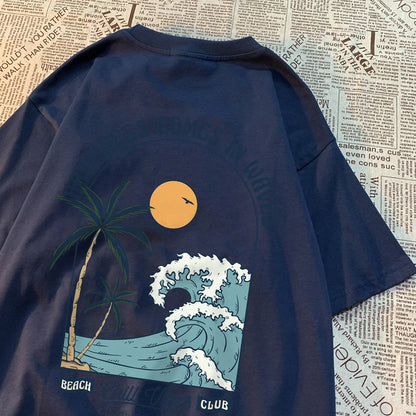 Happiness Comes In Waves Printing Men Women Clothes Fashion Loose Tops Creativity Casual T Shirt Pattern Loose Tshirts Couple