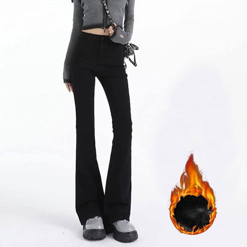 Winter Girls Chic Thermal Plush High Waist Flared Jeans