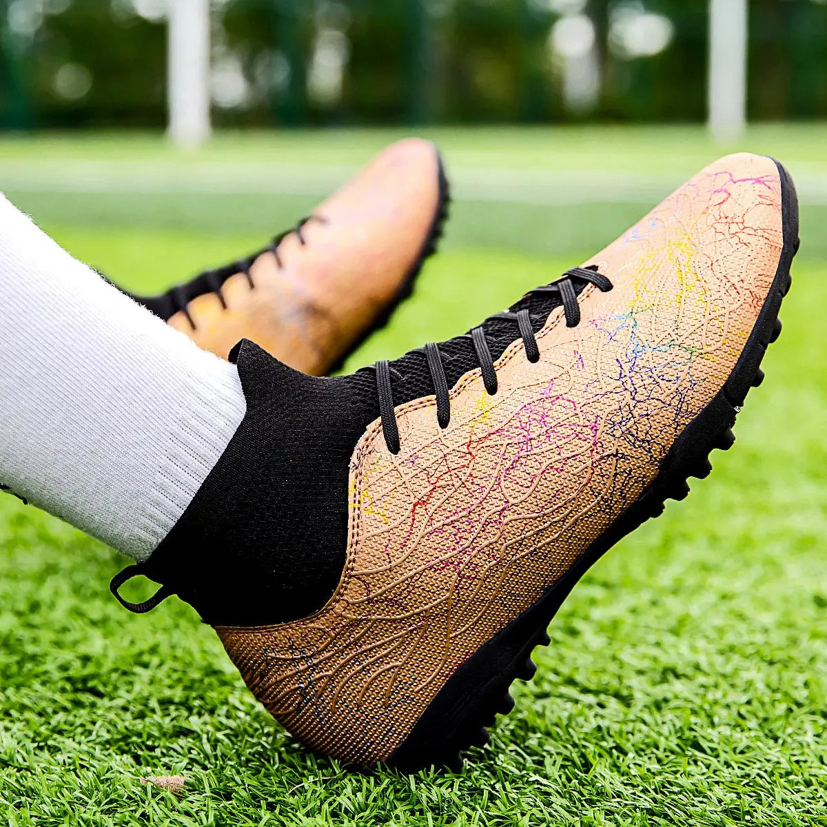 High quality, high-top football shoes, unisex style, comfortable, breathable, available in TF and FG options.  Sole spikes