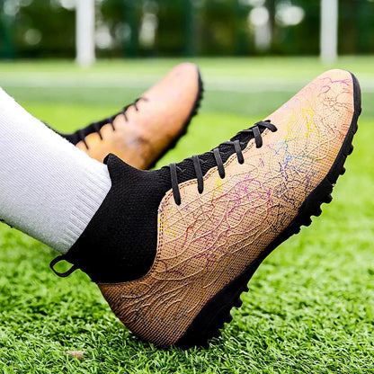 High quality, high-top football shoes, unisex style, comfortable, breathable, available in TF and FG options.  Sole spikes