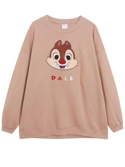 Mouse Chip An' Dale Cartoon Print Embroidery Fleece Sweatshirt New Women O-Neck Pullover Jumper Tops