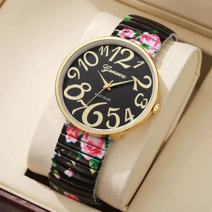 1/2/3/4PCS Fashion Flowers Printed Women Watch Luxury Elastic Strap Arabic Quartz Watches Reloj Mujer Girls Clock（Without Box）