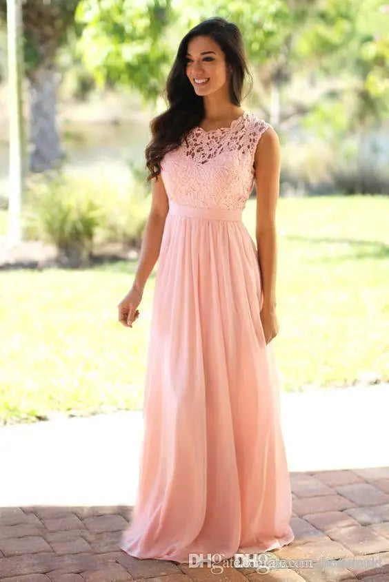 Floor Length Lace Chiffon Prom Gowns For Party Sweetheart Neckline Long A Line Bridesmaid Dress Pink Maid Of Honor Dress