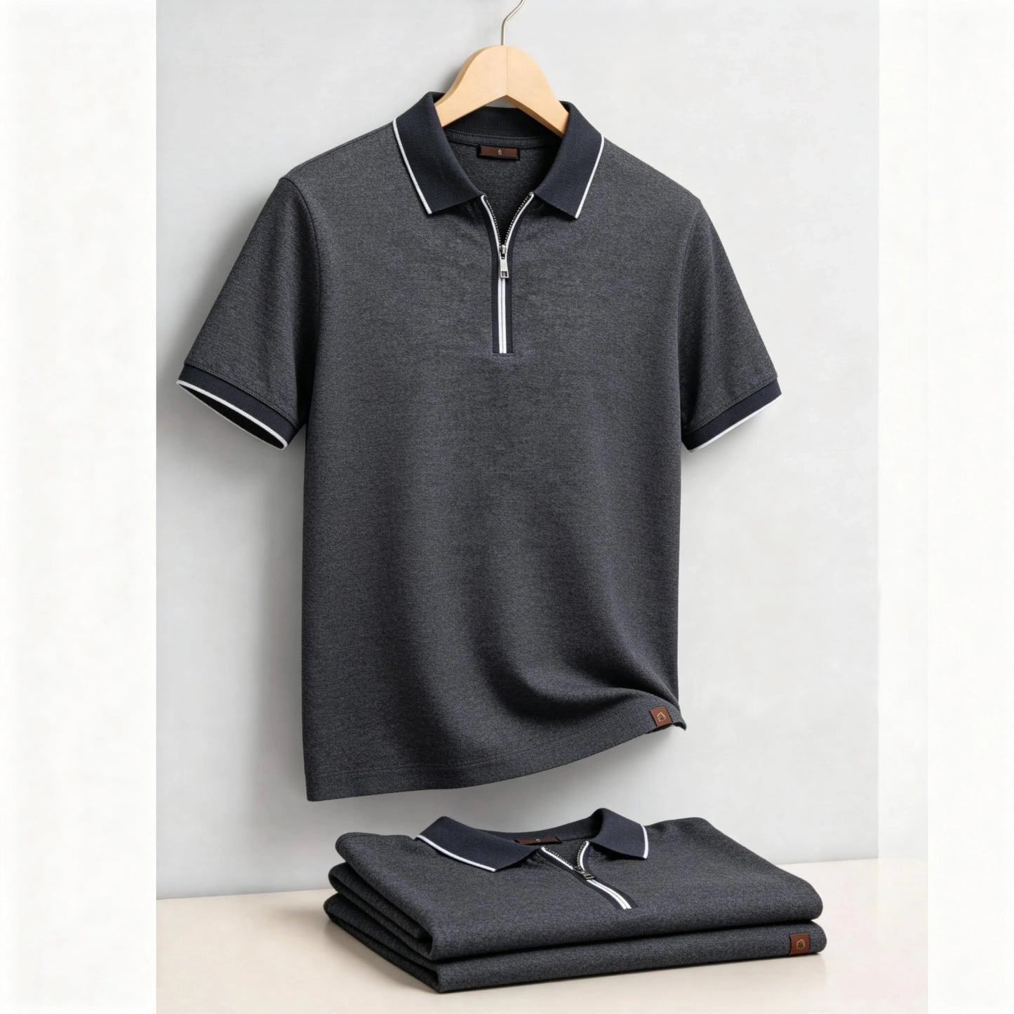 2026 Men's Cotton Blend Polo Shirts Short Sleeve Zippered Soft Breathable Lightweight Casual Solid Color Polo Shirt for Men