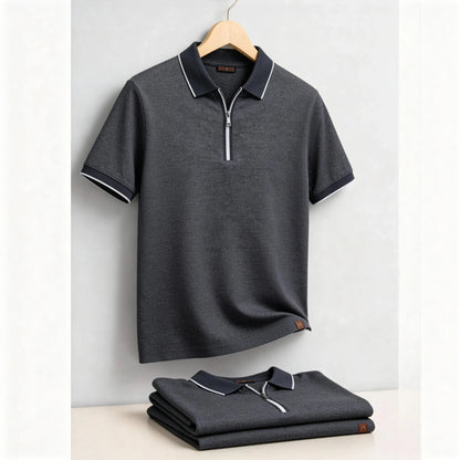 2026 Men's Cotton Blend Polo Shirts Short Sleeve Zippered Soft Breathable Lightweight Casual Solid Color Polo Shirt for Men