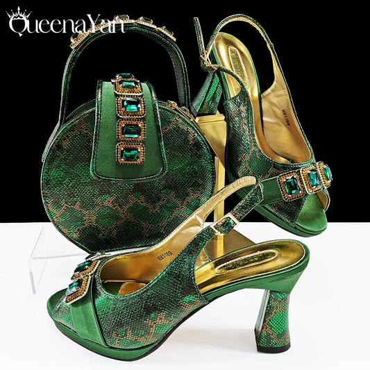 Elegant Green Peep-Toe Women Heel Pumps for Italian Matching Party Shoes and Bags Set for Parties with Diamond Accents