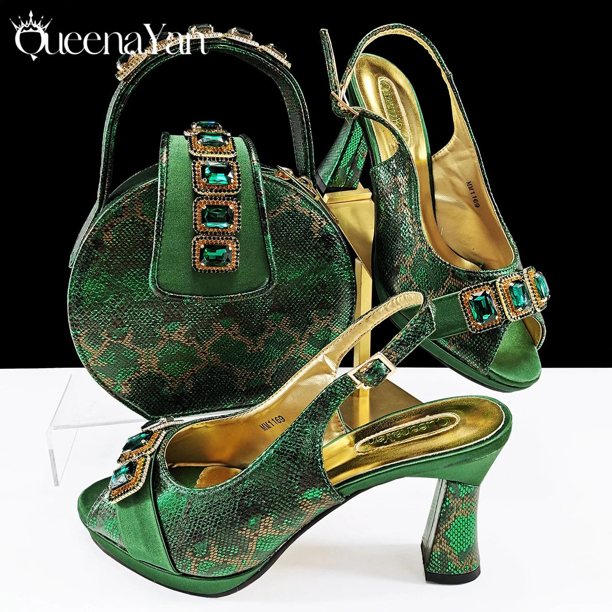 Luxurious Italian Women's Party Shoes&Bag Set Elegant Golden Rhinestone  Sandals with Peep Toe High Heels Wedding