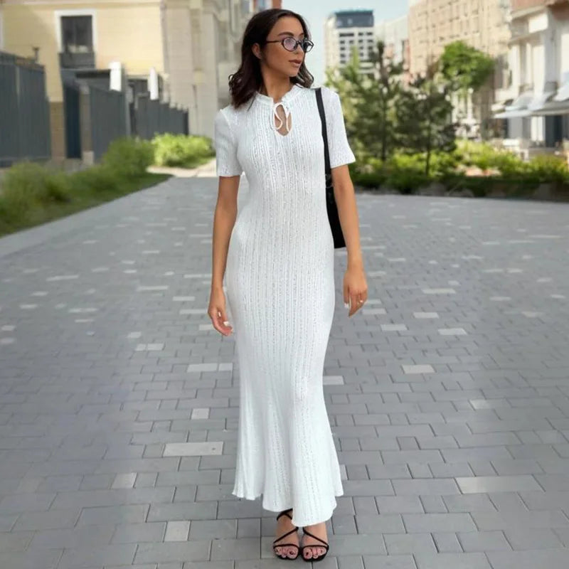 Long Dress Female Short Sleeve Slim Hollow Retro Elegant Sweater Dress 2025 Summer High Waist Woman Dress