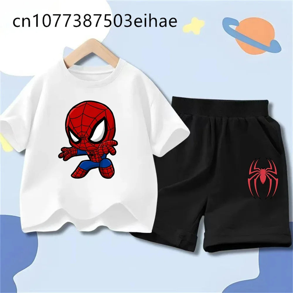 Spider-Man Trendy New Style Children Summer Outfit Cartoon Pattern Short Sleeve Tee Sports Shorts Loose Breathable Wear Gift