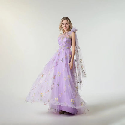 Vestido Longo de Formatura Feminino Elegante de Um Ombro Só com Bordado Floral em Tule, Modelo Godê para Festas de Gala