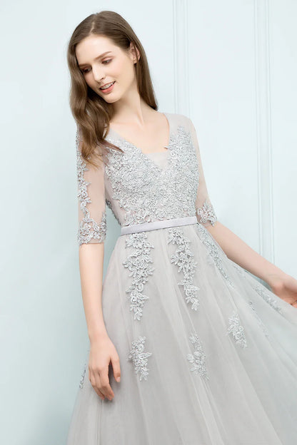 Elegant Half Sleeve Evening Dresses Lace Appliques A-Line Long Tulle Strap V-Neck Sheer Backless Prom Dress Empire Party Gowns