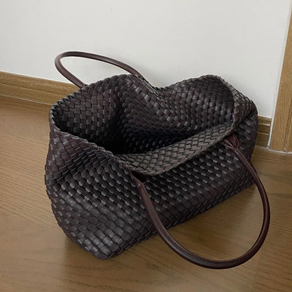 2025 Autumn/Winter New Fashion Big Bag Large Capacity Woven Bag Women'S Handbag Neutral Tote Bag Pu Shoulder Bag