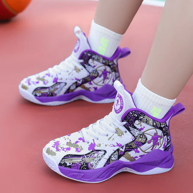 Original Children's Basketball Shoes Fashion Print Purple Basketball Sneakers Kids Training Shoes High Top Sports Shoes For Boys