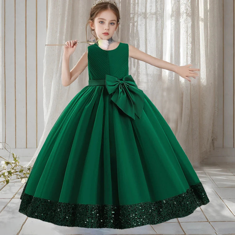 Teen Girls Luxury Big Bow Evening Gown Wedding Bridesmaid Party Dress For Girl Kids Sequin Princess Birthday Dresses Summer Wear