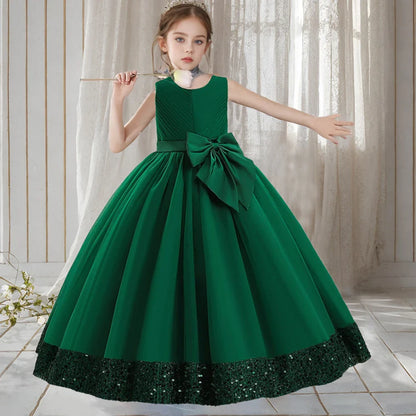 Teen Girls Luxury Big Bow Evening Gown Wedding Bridesmaid Party Dress For Girl Kids Sequin Princess Birthday Dresses Summer Wear