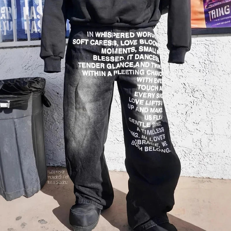 Calça Jeans Streetwear Retrô Hip-Hop Masculina Casual Perna Larga Estampada Solta