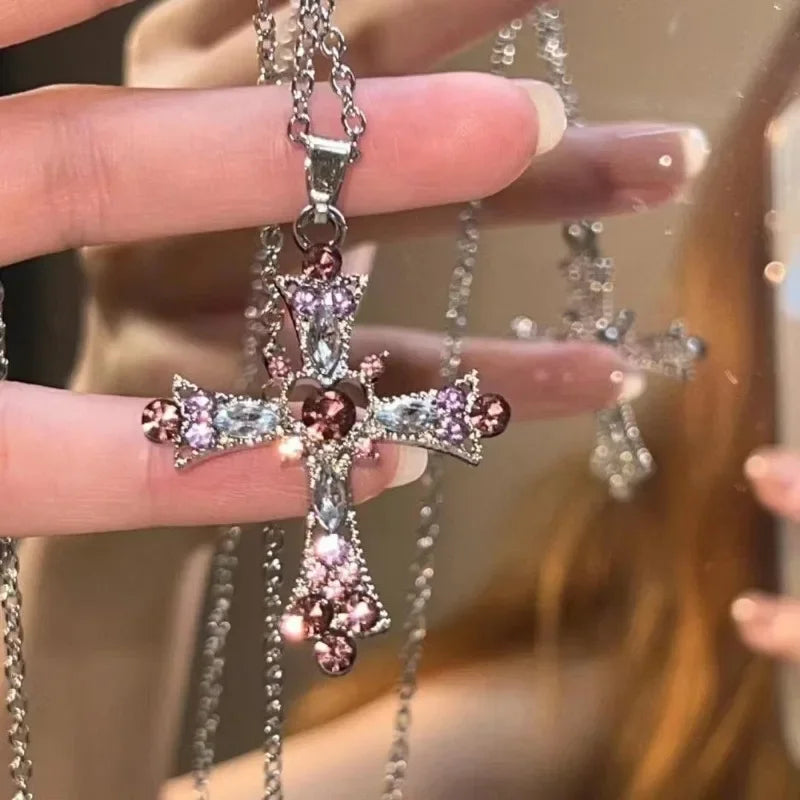Crystal Cross Pendant Necklace for Women Girls  Shiny Sweet Chain Punk Party Fashion Pendant Fashion Y2K Jewelry Accessories