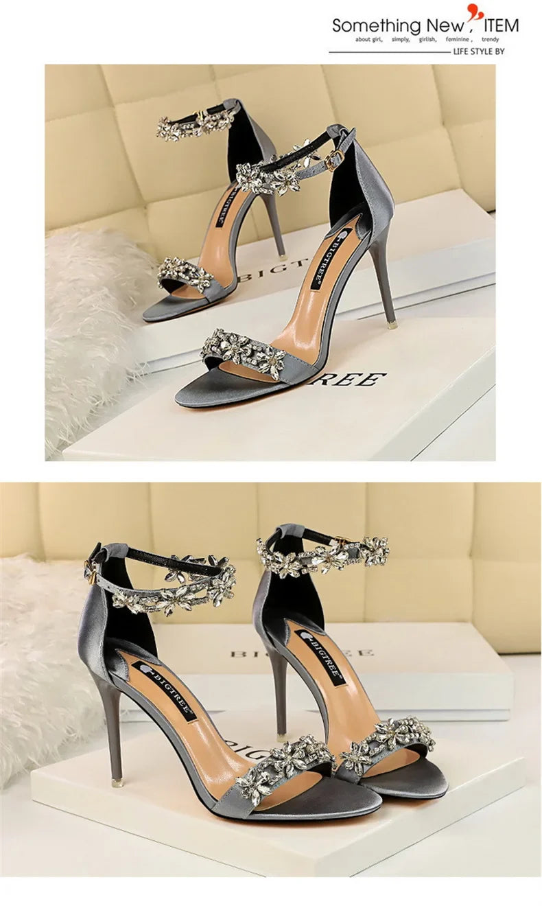 Open Toe Rhinestones Sandals Women 2024 New Designer Luxury High Heels Female Shoes Summer Heeled Satin One Word Belt 368-1