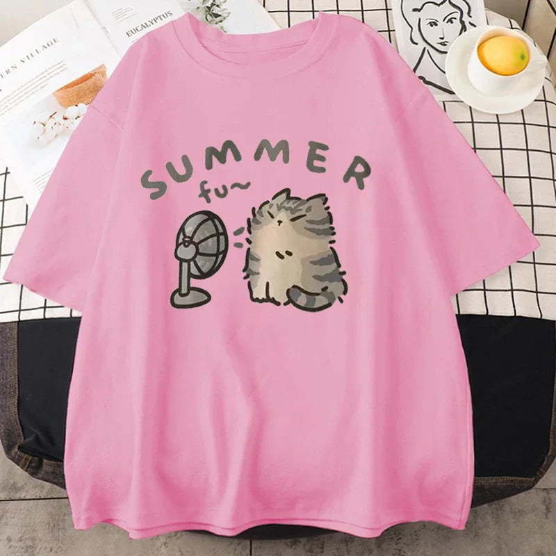 Korean Version Retro Minimalist Cat Printed Summer T-shirt Casual Loose Couple Thin Short Sleeves Women Men T Shirts