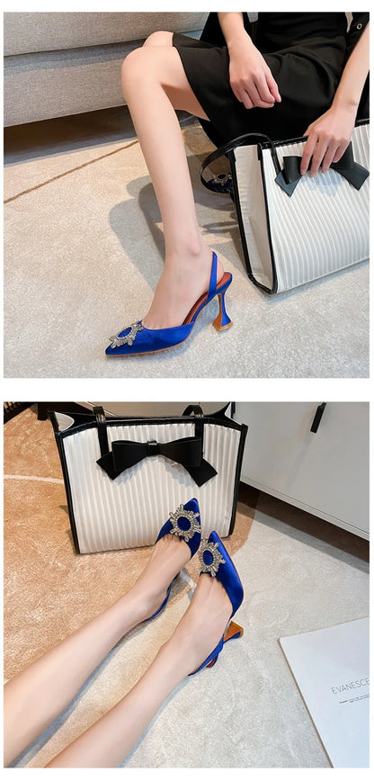 Women's Sandals 2026 New Sun Button Water Diamond Pointed High Heels Fashionable Banquet Wine Glass and Baotou Sandals