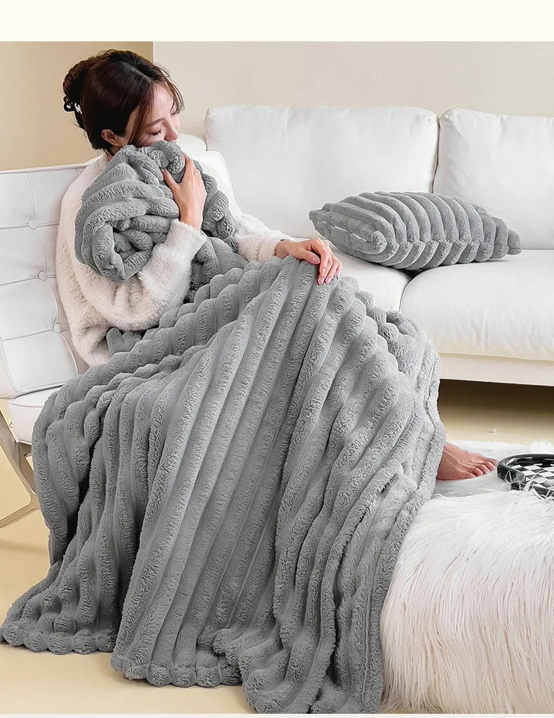 2025 New Rabbit Plush Blanket Draw Stripe Thickened Flannel Blanket Shawl Coral Fleece Sofa Blanket, without Pillowcase