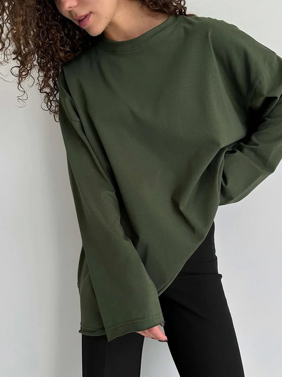Women Summer 100% Cotton T-shirt Bottoming Spring Basic Fashionable Solid Lady Long Sleeve Loose Tops Shirts