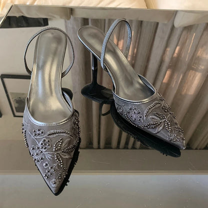 Summer Pointed Toe Mesh Embroider High Heels for ladies Elegant String Bead pumps Sexy Luxury Designer Shoe Brown Heeled Sandals