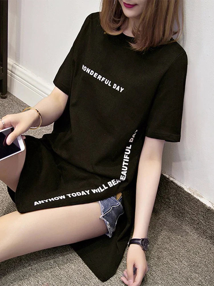 T shirts Summer Women Loose Slit Femme Tops  Tshirt Short sleeve Ladies t-shirt