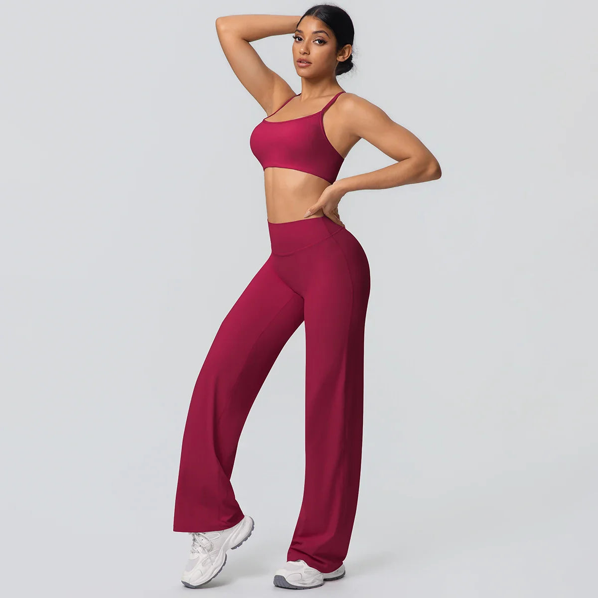 Women Gym Sports Yoga Suit Sexy Beautiful Back Yoga Underwear With Chest Pad Solid Color High Waisted Wide Leg Pants Yoga Set