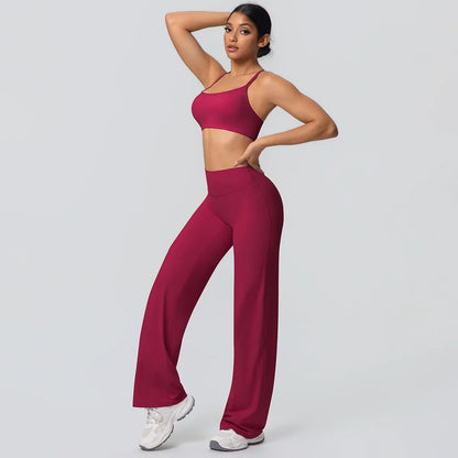 Women Gym Sports Yoga Suit Sexy Beautiful Back Yoga Underwear With Chest Pad Solid Color High Waisted Wide Leg Pants Yoga Set