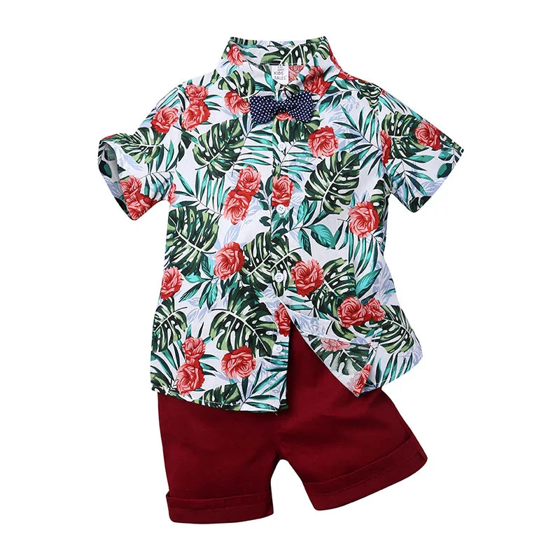 2026 Gentleman  Kids Boys Party Clothing Set Print Hawaii Style Short Sleeve Shirt +Short Pants Formal Suit Seaside Outfits 2Pcs