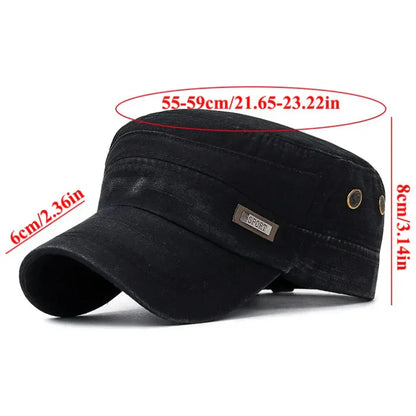 Vintage Washed Cotton Military Caps Flat Top Baseball Cap Adjustable Fitted Thicker Cap Sun Protection Men Women Cadet Army Cap