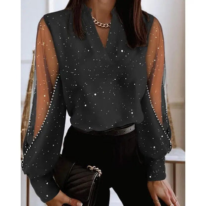 Elegant Retro Women's Long Sleeved Shirt V-neck Lace Fashionable Top for Ladies