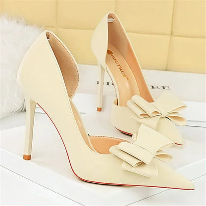 2024 Women 10.5cm High Heels Sweet Korean Side Hollow Pumps Lady Party Purple Green Kawaii Bowknot Heels Prom Silk Satin Shoes