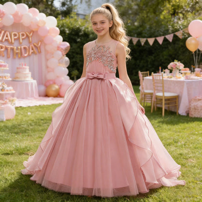 Teens Girls Sequins Princess Party Dresses White Bridesmaid Flower Kids Dresses For Girl Wedding Prom Gown Pink Birthday Vestido