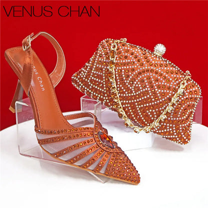 Elegant Fruit Green Women's Heels and Rhinestone Handbag Set - Italian Design for Weddings and Parties