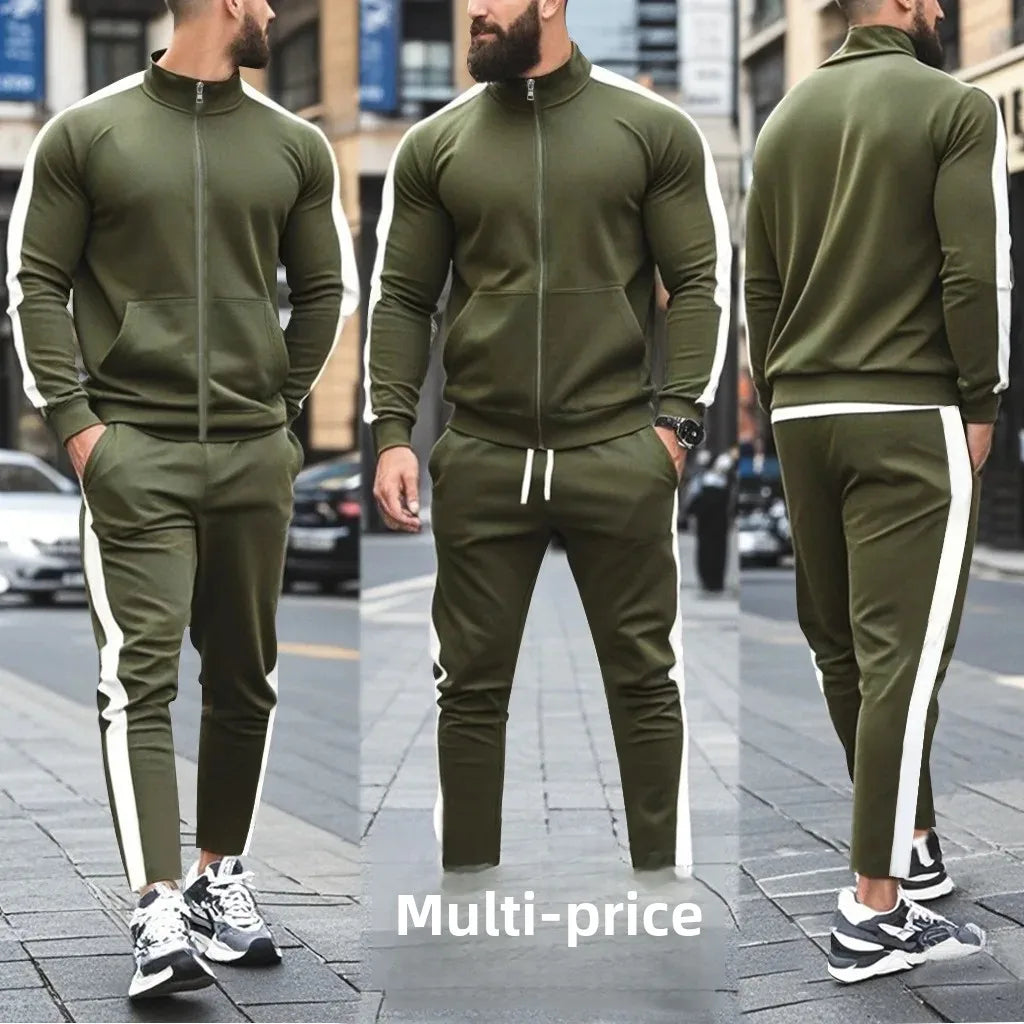 2025 Spring Autumn Men's 2-Piece Set Color Blocking Zipper Stand Collar Casual Sports Jacket Sweatshirt Trousers Suit