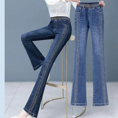 Women's high and thin micro jeans fashion highwaisted flared pants stretch elastic waist jeans