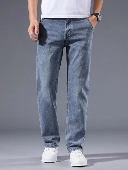 New Men's Light Business Micro Stretch Straight Fit Denim Pants Vintage Distressed All Season Wearable Long Pants