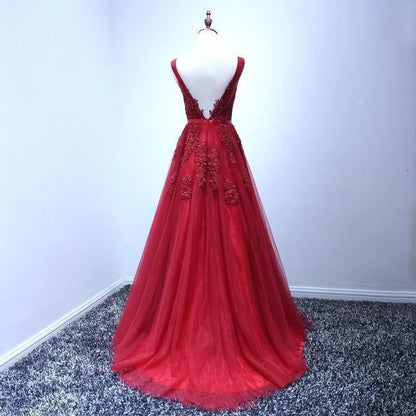 A-line V-neck Tulle Sleeveless Zipper Up Long Prom Applique V Neck Evening Gowns Formal Elegant And Pretty Women's Dresses