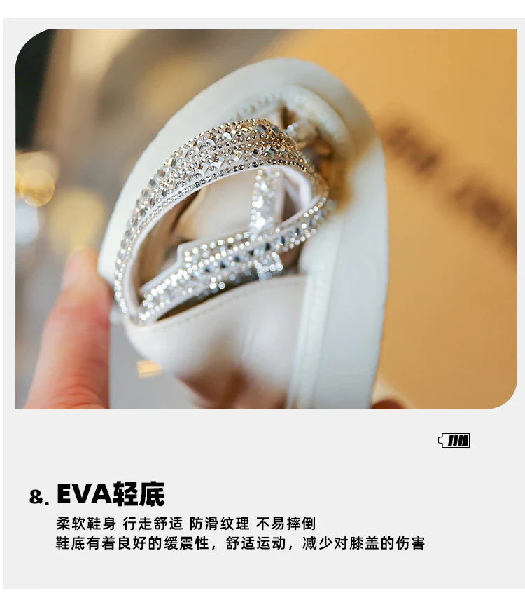 Girls' Shiny Cool Rhinestone Bowknot Children's Sandals 2023 Summer Open-toe Versatile Kids Fashion Back Zipper Casual Shoes New