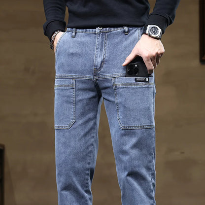 Calça Jeans Masculina Solta de Pernas Retas com Design Versátil de Seis Bolsos, Elástica e Confortável para Atividades ao Ar Livre, Caminhadas, Todas as Estações