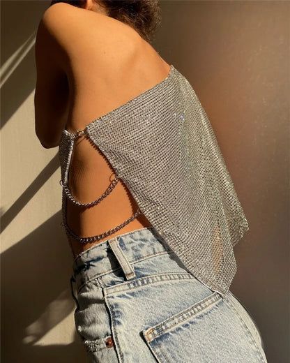 Shiny Rhinestone Metal Camisole For Women Sexy Backless Single shoulder Side Split Tank Tops Cocktail Party Club Crop Top Y2K