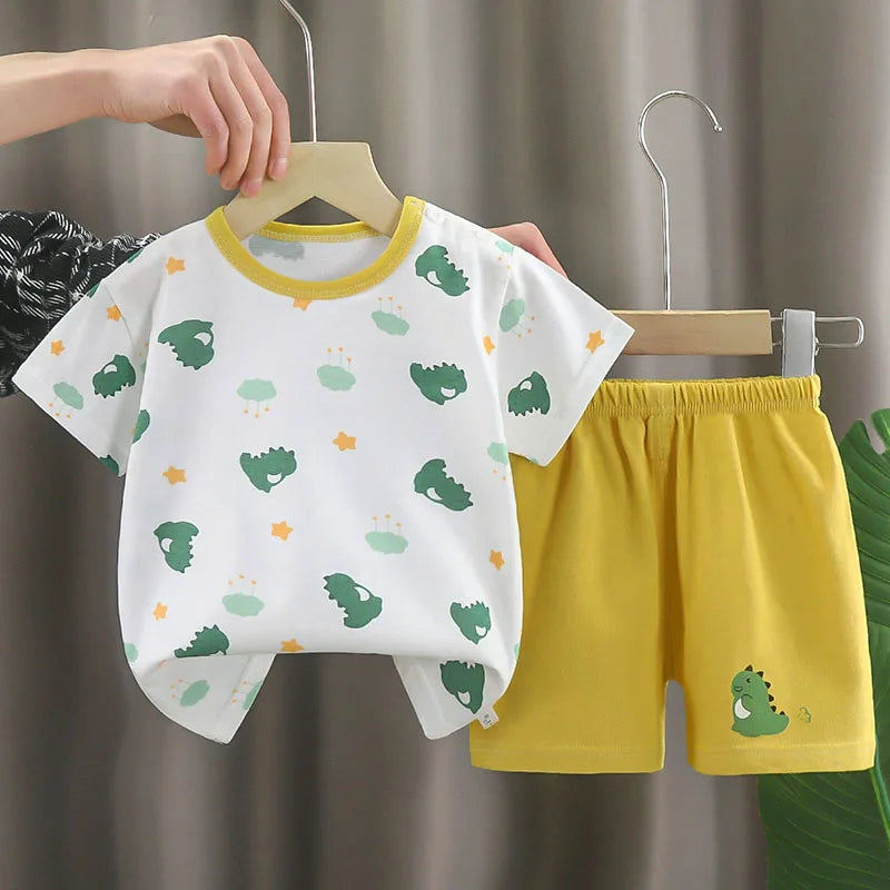 2Piece Summer Boys Clothing Korean Casual Cartoon Cute Print Short Sleeve Baby Tops+Shorts Kids Clothes Children's Sets B207