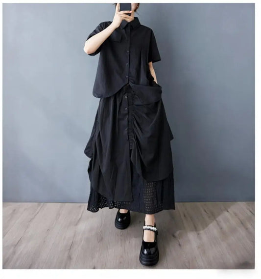 Spring And Summer Woman Hollow-out Splicing Irregular Fashion Loose Patchwork Drawstring Elastic Waist Pleated Umbrella Skirt