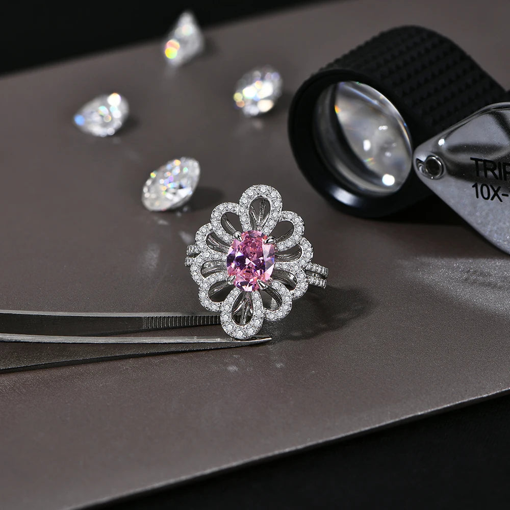 Luxury D VVS1 Moissanite Rings for Women Created Pink Zircon S925 Sterling Silver Flower shape Engagement Wedding Gift