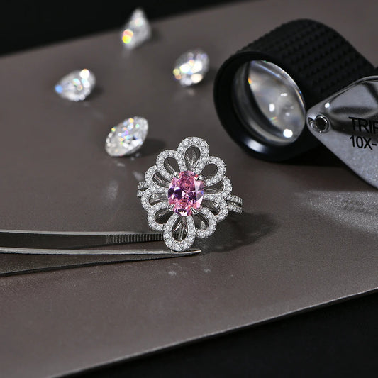 Luxury D VVS1 Moissanite Rings for Women Created Pink Zircon S925 Sterling Silver Flower shape Engagement Wedding Gift