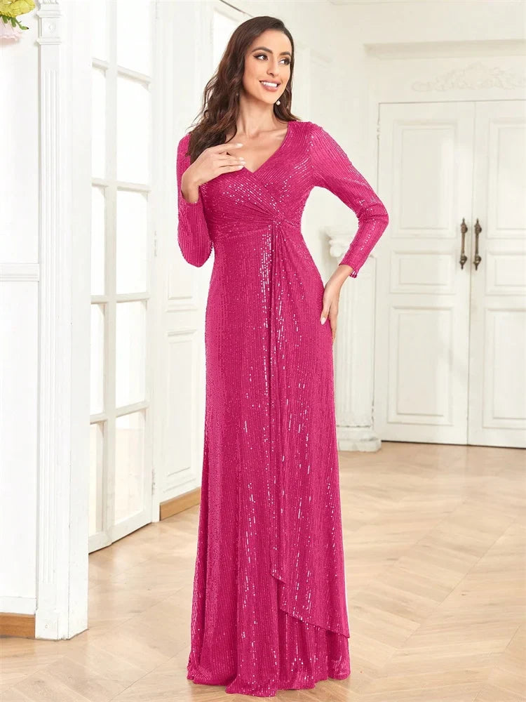 Luxury Floor Length V-Neck Evening Dresses Women Elegant Party Maxi Dress Sequin Long Sleeves Prom Cocktail Dress Gowns
